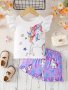 2PCS Girls Ruffle Trim Cute Cartoon Unicorn Graphic T-Shirt Top & Ruffled Hem Elastic Waist Shorts Set Kids Summer Clothes