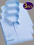 3PCS Men's Solid Color Lapel Collar Design Dress Shirts Long Sleeve Casual Button Up Shirt For Formal Occasions