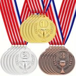 Set Of 3 Champion Metallic Medals - Glittering Golden silvery bronze Decorations For Sports & School Competitions Perfect With V