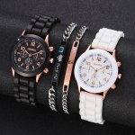 4PCS SET Couple Black White Quartz Watch Analog Silicone Band Wrist Watch & Her King His Queen Braclets Valentine's Day Gift