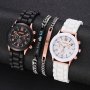 4PCS/SET Couple Black White Quartz Watch Analog Silicone Band Wrist Watch & Her King His Queen Braclets Valentine's Day Gift