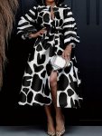 Plus Size Casual Dress Women's Plus Leopard & Stripe Print Button Up Lantern Sleeve Round Neck Dress With Belt