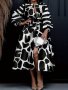 Plus Size Casual Dress Women's Plus Leopard & Stripe Print Button Up Lantern Sleeve Round Neck Dress With Belt