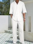 2-PIECE Men's Solid Loose Fit Summer Outfit Set Short Sleeve Button Up Lapel Shirt Top & Drawstring Pants With Pockets Co Ord Se