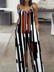 Striped Print Spaghetti Strap Jumpsuit Casual Sleeveless Dual Pockets Wide Leg Jumpsuit For Spring & Summer Women's Clothing