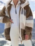 Fuzzy Color Block Coat Casual Hooded Zip Up Drawstring Long Sleeve Outerwear Women's Clothing