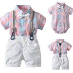Pink Blue Plaid Shirt With White Shorts And Suspenders