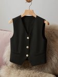 Button Front V Neck Vest Casual Solid Color Sleeveless Crop Vest Women's Clothing