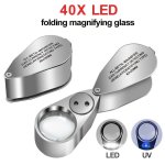 40X Foldable Magnifier Metal Jewelry Loupe Magnifying Glass Portable Handheld Eye Magnifier LED Lamp Uv Light Lamp Magnifier