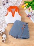 Girls Lapel Collar Top + Contrast Color Skort Set Summer Casual Two-piece Outfit