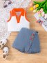 Girls Lapel Collar Top + Contrast Color Skort Set Summer Casual Two-piece Outfit