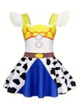 Girls Halloween Party Dress Up Flutter Sleeve Cow Spots Pattern Print Princess Dress For Stage Performance