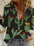 Cactus Print Button Up Shirt Casual Long Sleeve Collared Shirt For Spring & Fall Women's Clothing