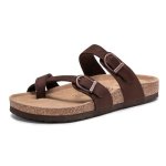 Fitory Women's Slide Sandals With Soft Cork Footbed Comfort Arch Support Flat Sandals For Summer Brown Suede Size 9