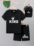 2PCS Boys Casual King Letter Graphic Print Short Sleeve T-Shirt & Shorts & Cap Set Comfy Summer Boys Clothes