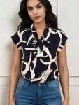 Abstract Print Tie Neck Blouse Elegant Cap Sleeve Blouse For Spring & Summer Women's Clothing