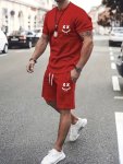 Trendy Smiling Face Graphic Print Men's Two-piece Set Crew Neck Short Sleeve T-Shirt & Drawstring Shorts With Pocket Casual Comf