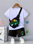 Boys Round Neck Short Sleeve T-Shirt & Elastic Waist Shorts & Crossbody Bag 3PCS Cartoon Dinosaur Print Casual Kids Clothes Summ