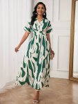 Colorblock Cinched Waist A-line Dress Elegant V Neck Short Sleeve Dress For Spring & Summer Women's Clothing