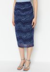 Printed Tulle Fitted High Waist Lined Midi Skirt - Dark Blue