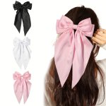 3PCS Women's Satin Hair Bows Set - 3 Pieces Black White Pink - French Long Tail Design - Ideal For Girls' Hair Accessories Birthday