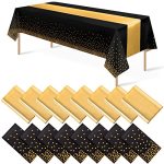 16PACK Disposable Plastic Tablecloths And Satin Table Runner Set Black Gold Dot Table Cloth Gold For Graduation Wedding Birthday