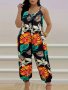 Tropical Print Spaghetti Strap Jumpsuit Casual Sleeveless Jogger Dual Pockets Jumpsuit For Spring & Summer Women's Clothing