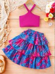 2 Pcs Sweet Tiered Skirt + Plain Color Crop Camisole Girl's Set Casual Going Out Summer Clothes Gift
