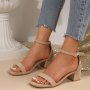 Women's Solid Color Chunky Heel Sandals Fashion Square Open Toe Dress Pumps Stylish Buckle Strap Heels