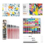 Grabie Watercolor Paint Set 100 Colors In Portable Box With Water Brush Pens Drawing Pencil 9PCS Professional Watercolor Brushes