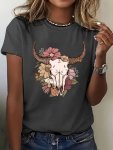 Cow Skull Flower Print Crew Neck T-Shirt Casual Short Sleeve Top For Spring & Summer Women's Clothing