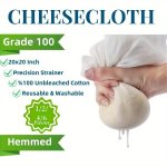 Grade 100 50.8X50.8CM Hemmed 100% Pure Unbleached Cotton Washable And Reusable Cheesecloth For Straining Cooking Baking And Bast