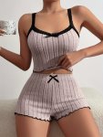 Women's Sexy Solid Ribbed Frill Trim Slim Fit Pajama Set Round Neck Backless Crop Cami Top & Shorts Comfortable Relaxed Fit Summ