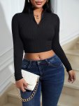 Zip Up Crop T-Shirt Elegant Long Sleeve Slim Top For Spring & Fall Women's Clothing