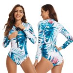Women's Blue Fronds Long Sleeve Swimwear - XL