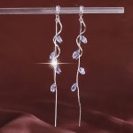 Exquisite Leaf Shiny Zirconia Decor Long Dangle Earrings Elegant Style Copper Jewelry Delicate Female Earrings