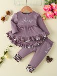 Toddler Baby Girl Cute Outfit - Puff Hem Dress Top + Elastic Pencil Pants Leopard Lace Letter Embroidery Set