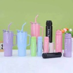 3 Piece Sports Water Bottle Set With Straw - Purple