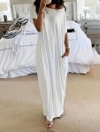 Plus Size Solid Slant Shoulder Pocket Dress Vacation Style Short Sleeve Long Length Dress For Spring & Summer Women's Plus Size