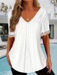 Plus Size Eyelet Lace Trim Top Elegant V-neck Short Sleeve Top For Spring & Summer Women's Plus Size Clothing