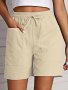 Solid Color Elastic Waist Patched Pockets Shorts Casual High Waist Shorts For Spring & Summer Women's Clothing