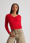 Lena Cable Knit V Neck Sweater - Postbox Red cherrry