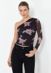 Floral Single Sleeve Drape Detail Regular Knitted Blouse - Black
