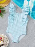 Cute Girls 1-PIECE Swimsuit Ruffle Shoulder Strap Full Striped Summer Athletic Swimming Clothing