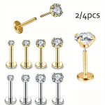 2 4PCS Threadless Push-in Cubic Zirconia Labret Stud Lip Piercing Cartilage Helix Tragus Earring Body Piercing Jewelry