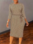 Plus Size Houndstooth Print Belted Dress Casual 3 4 Sleeve Bodycon Dress For Spring & Fall Women's Plus Size Clothing