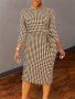 Plus Size Houndstooth Print Belted Dress Casual 3/4 Sleeve Bodycon Dress For Spring & Fall Women's Plus Size Clothing