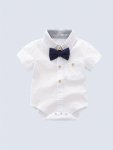Baby Boys Romper White Short Sleeve Bodysuit With Classic Collar & Bowtie Casual Style Summer Wear For Daily Outings & Festive O