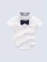 Baby Boys Romper White Short Sleeve Bodysuit With Classic Collar & Bowtie Casual Style Summer Wear For Daily Outings & Festive Occasions