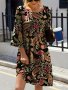 Plus Size Boho Dress Women's Plus Paisley Floral Print Long Sleeve Round Neck Slight Stretch Knee Length Dress